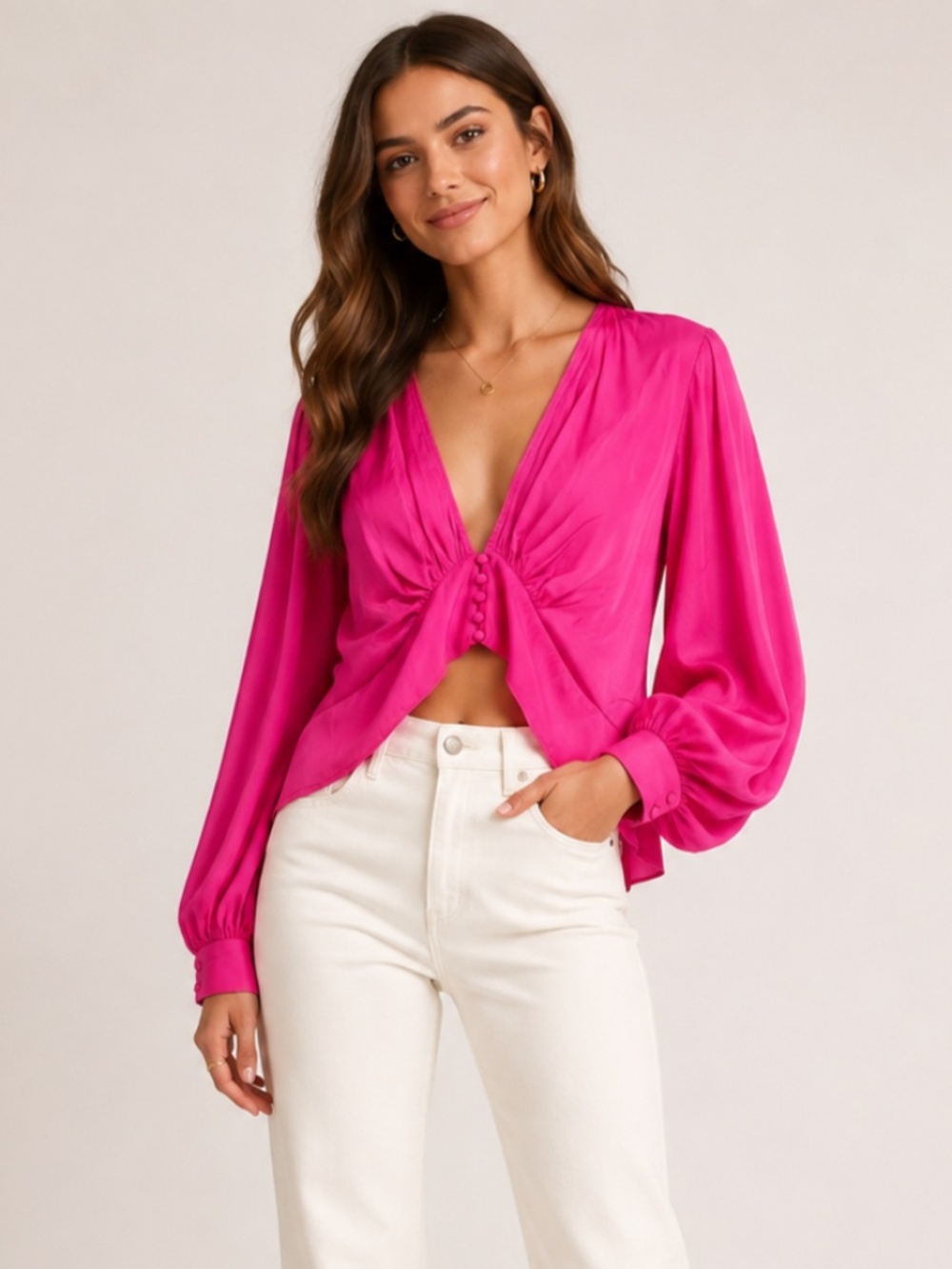 DO+BE Hot Pink Fuchsia Balloon Sleeve Crop Top Deep V Button Front S